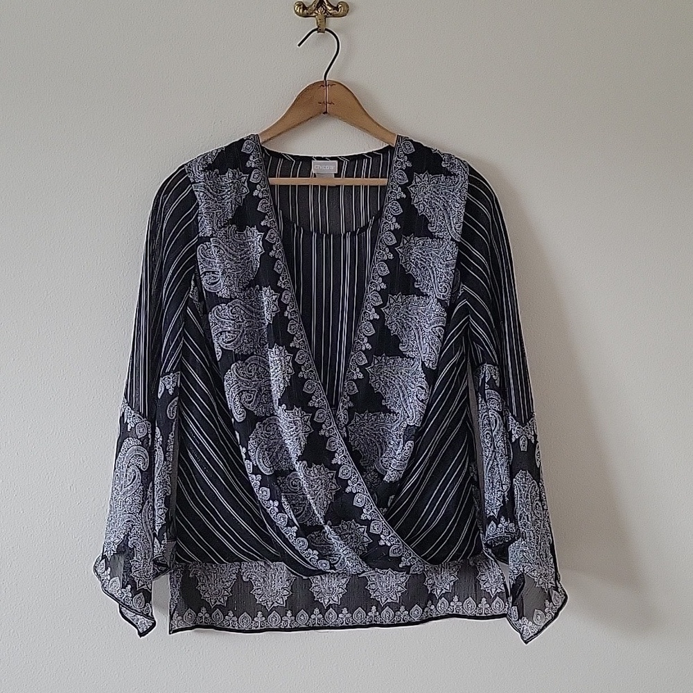 Chico's Black White Batik Stripe and Paisley Surplice Top Size Small/4
